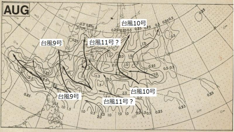 図4　台風の8月の平均経路図と、台風9号と10号の進路予報