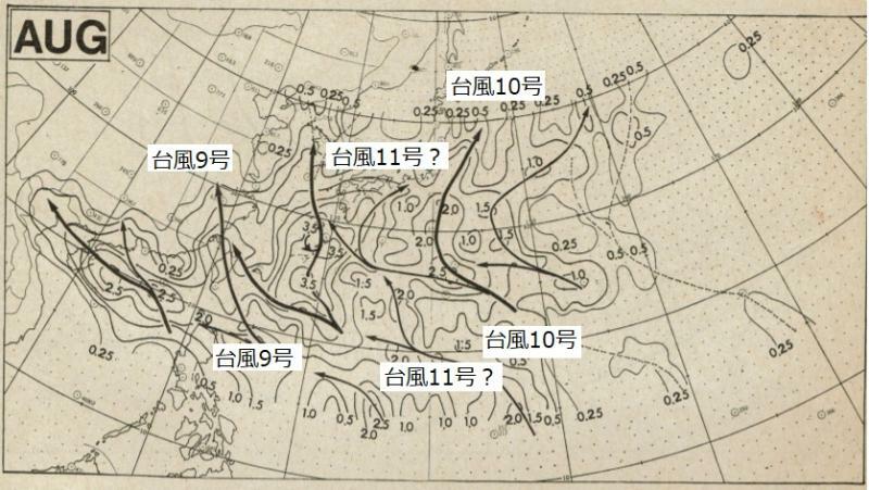 図4　台風の8月の平均経路図と、台風9号と10号、11号の進路予報