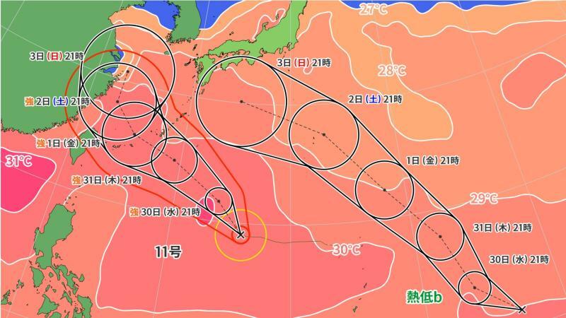 図5　台風11号と台風12号になりそうな熱帯低気圧の進路予報（8月29日21時）