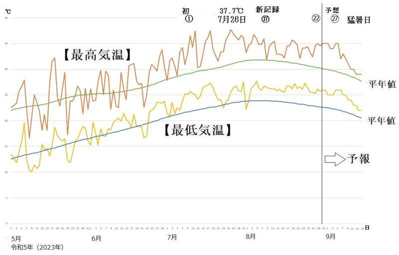 図2　東京の最高気温と最低気温の推移（8月31日〜9月6日は気象庁、9月7日〜15日はウェザーマップの予報）