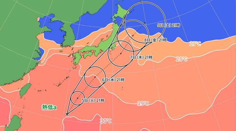 図5　台風13号の進路予報と海面水温（9月4日21時）