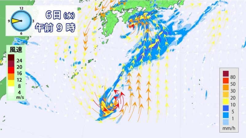 図3　雨と風の分布予報（9月6日9時の予想）