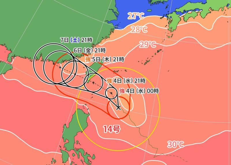 図3　台風14号の進路予報と海面水温（10月3日0時）