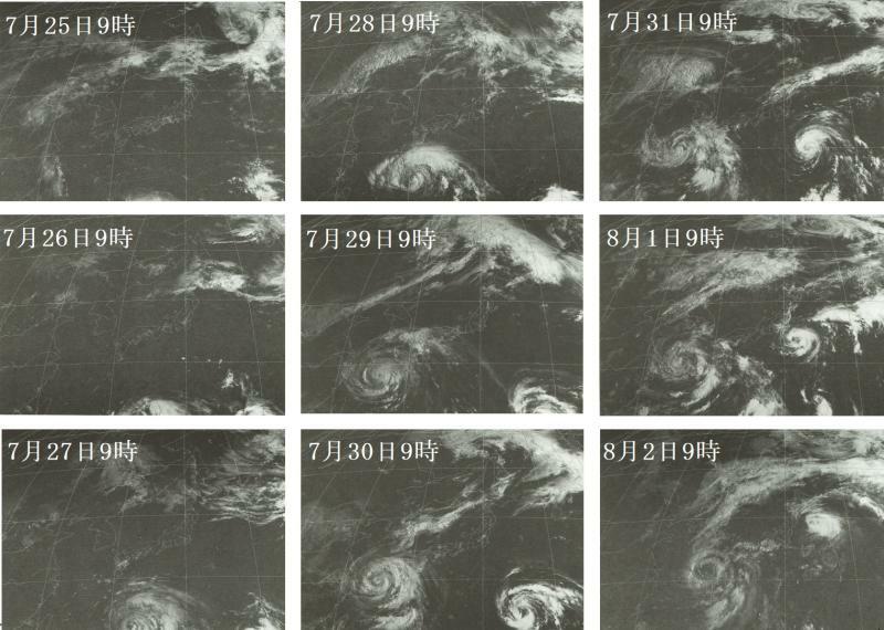 図4　気象衛星画像の連続画像（左上：7月25日9時～右下：8月2日9時）