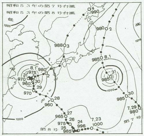 図5　昭和53年（1978）7月31日9時の地上天気図と台風7号・8号の経路