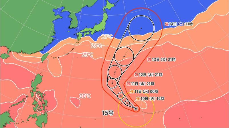 図1　台風15号の進路予報と海面水温（10月10日0時）