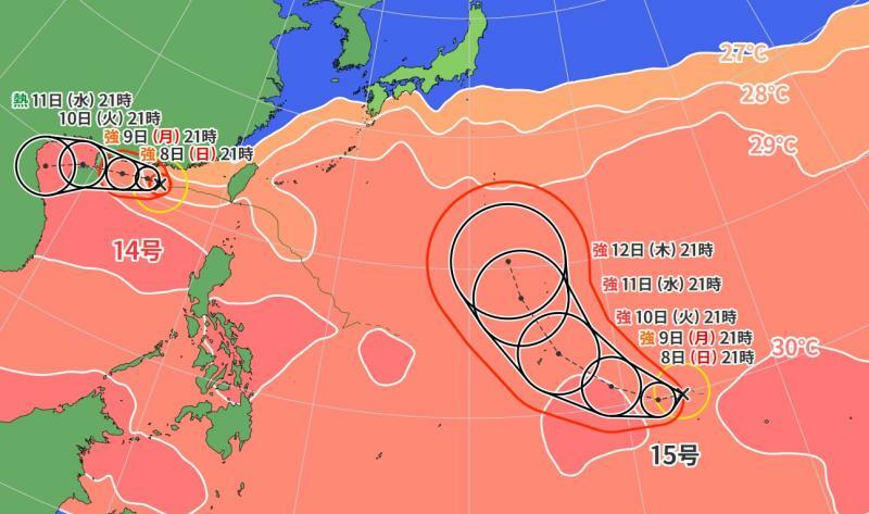 図2　台風14号と台風15号の進路予報（10月7日21時）