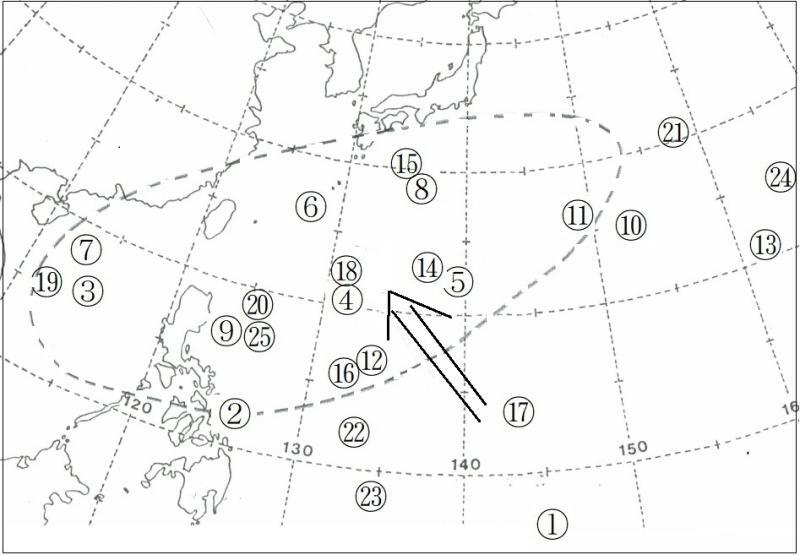 図3　ラニーニャ現象が発生していた令和4年（2022年）の台風発生海域（丸数字は台風番号）