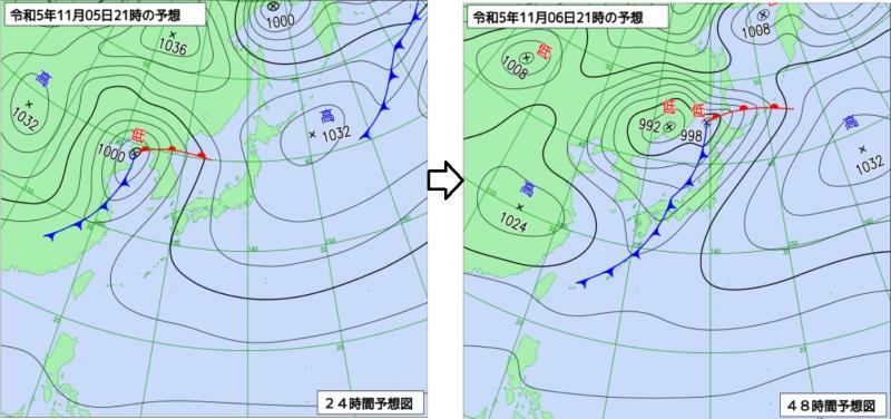 図3　予想天気図（左は11月5日21時、右は11月6日21時の予想）