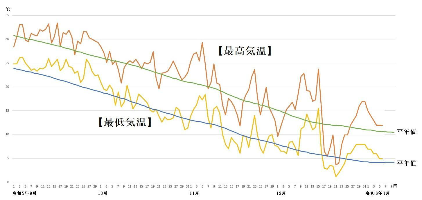図6　福岡の最高気温と最低気温の推移（12月22日〜28日は気象庁、12月29日〜1月6日はウェザーマップの予報）