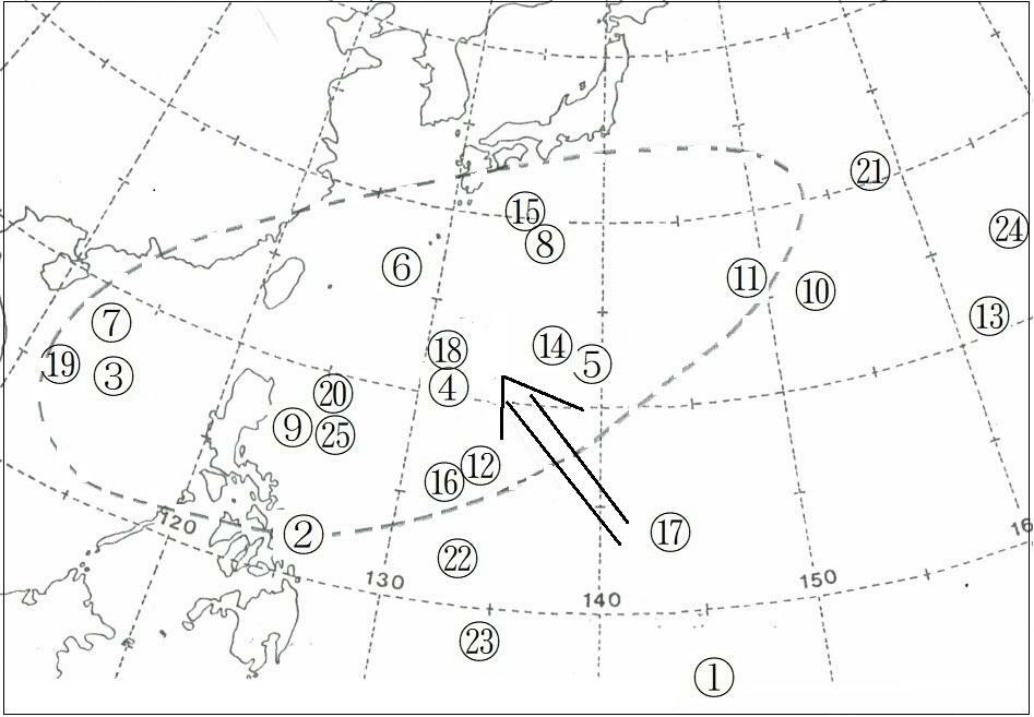 図2　ラニーニャ現象が発生していた令和4年（2022年）の台風発生海域（丸数字は台風番号）