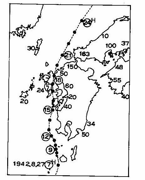 図3　昭和17年（1942年）の周防灘台風の経路
