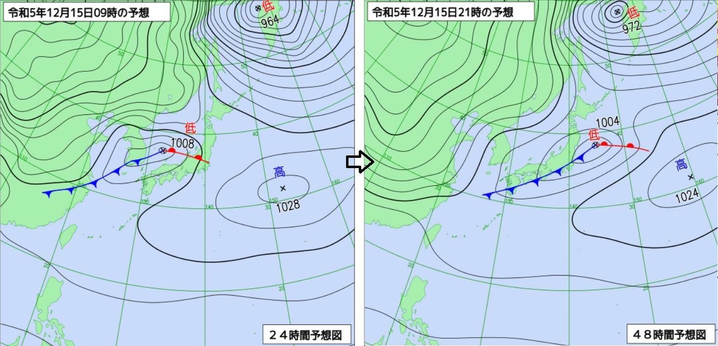 図3　予想天気図（左は12月15日9時、右は12月15日21時の予想）