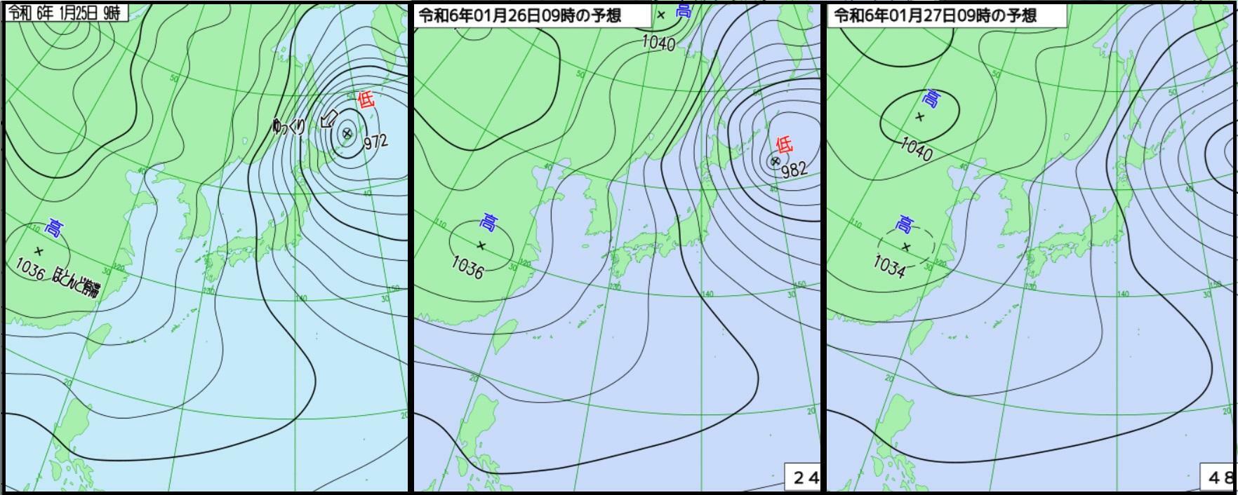 図2　実況天気図（左は1月25日9時の実況）と予想天気図（中は26日9時の予想、右は27日9時の予想）