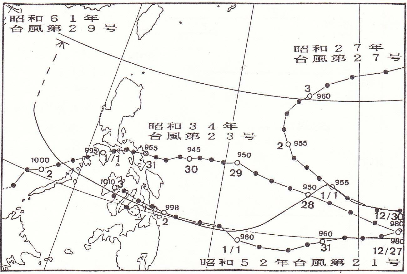 図2　昭和の越年台風の経路（昭和27年（1952年）台風27号、昭和34年（1959年）台風23号、昭和52年（1977年）台風21号）