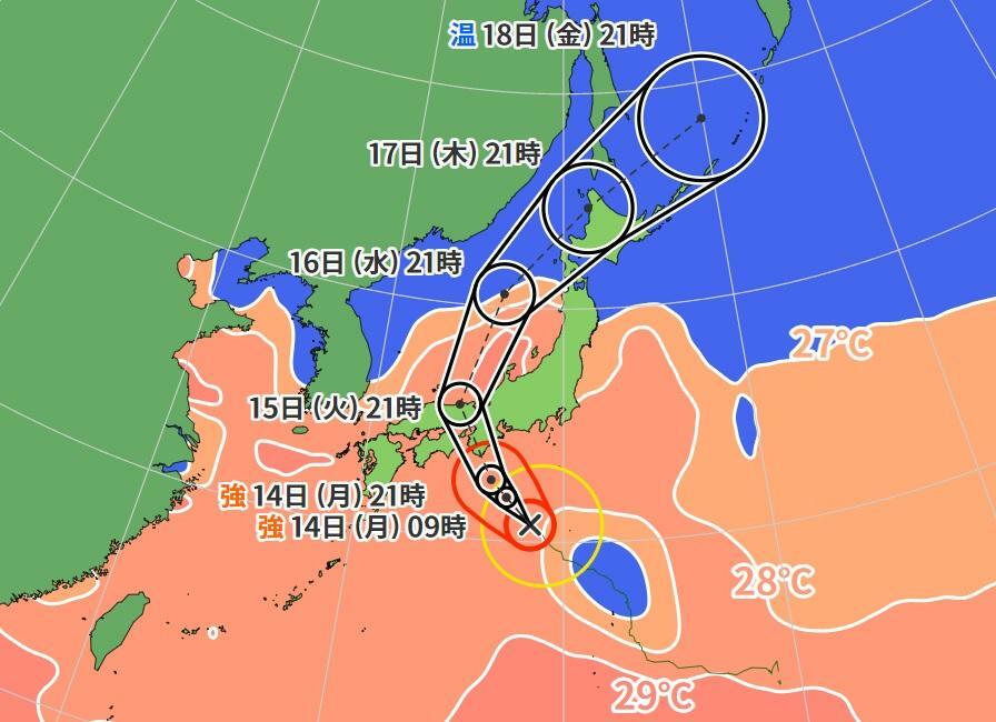 図4　台風7号の進路予報と海面水温（8月13日21時）