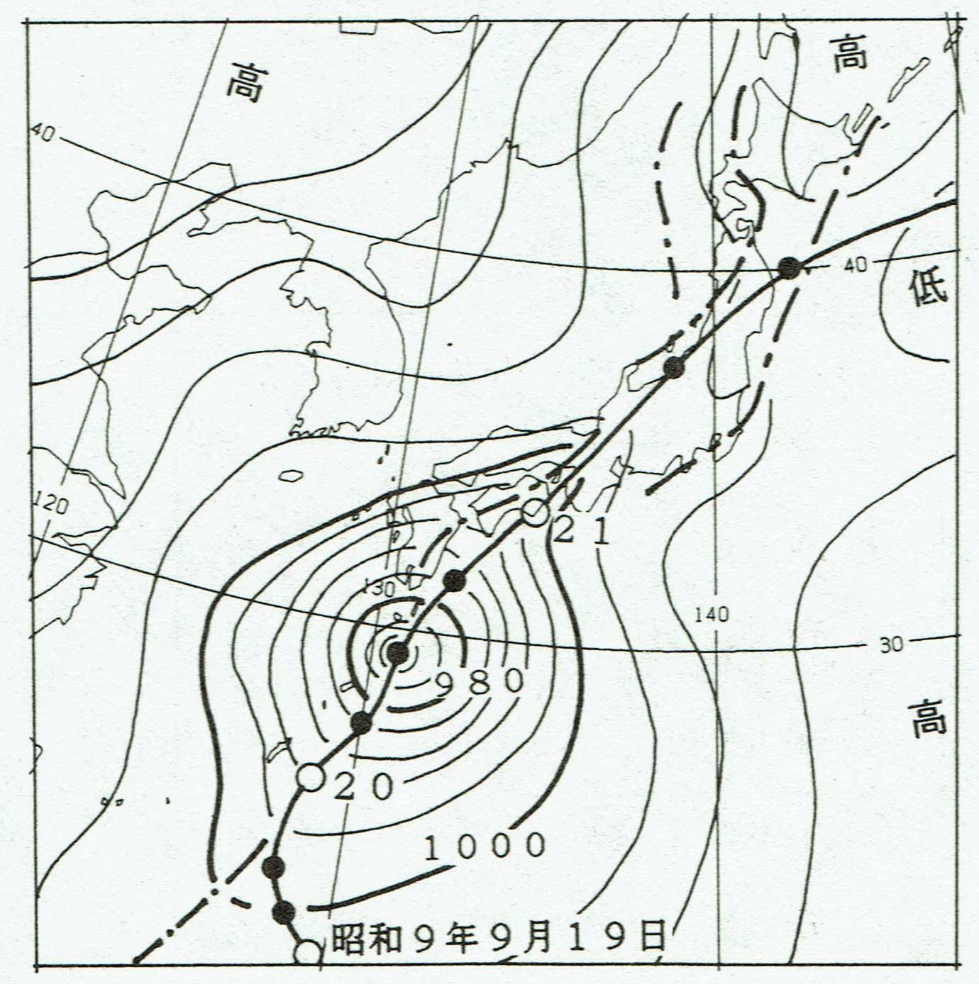 図　室戸台風の経路と昭和9年9月20日18時の地上天気図（白丸は９時の位置）