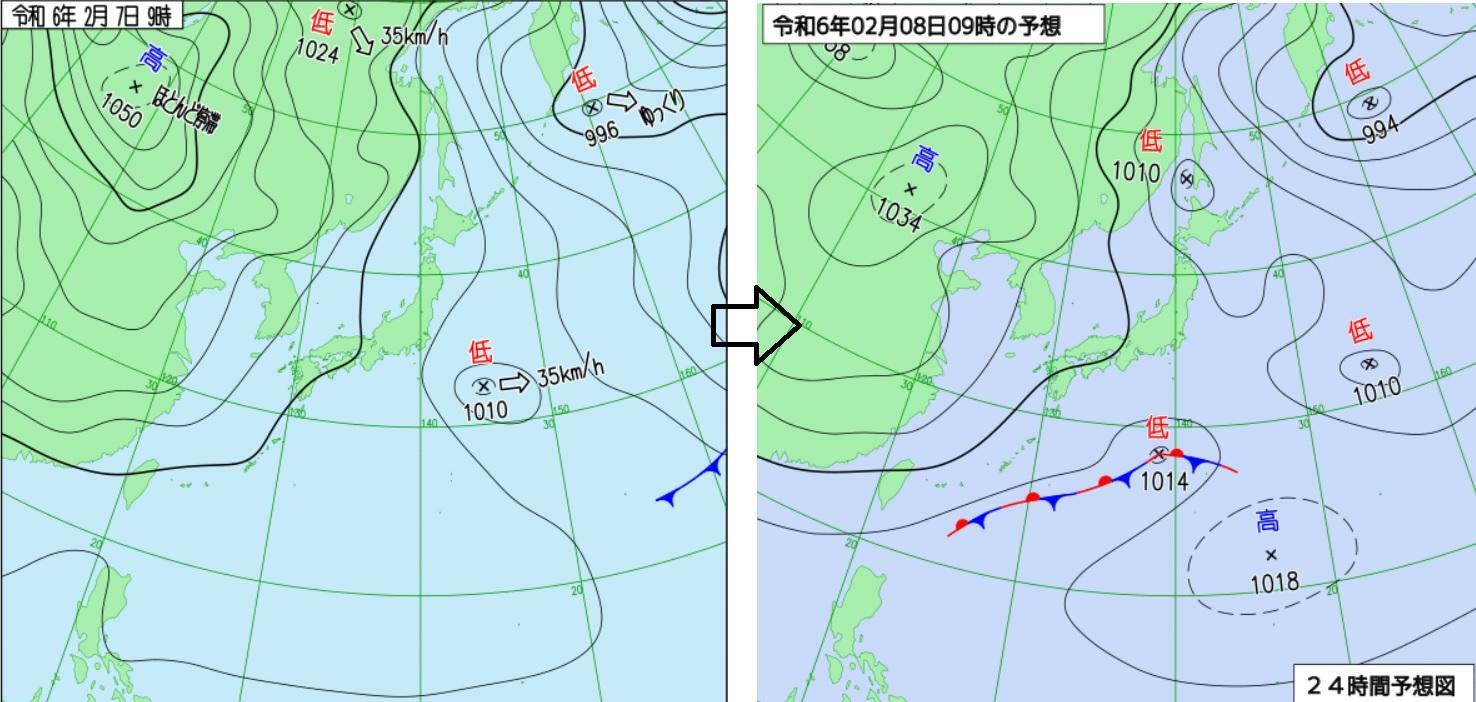 図4　地上天気図（左：2月7日9時）と予想天気図（右：2月8日9時の予想）