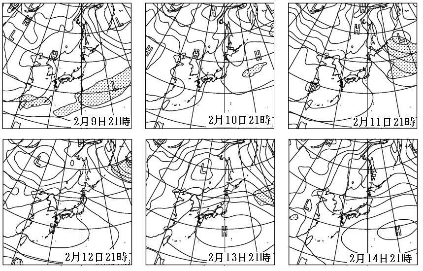 図5　予想天気図（2月9日～14日、陰影は降水域）