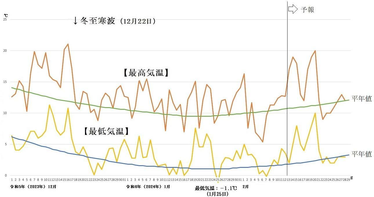 図3　東京の最高気温と最低気温の推移（2月13日以降はウェザーマップの予報）