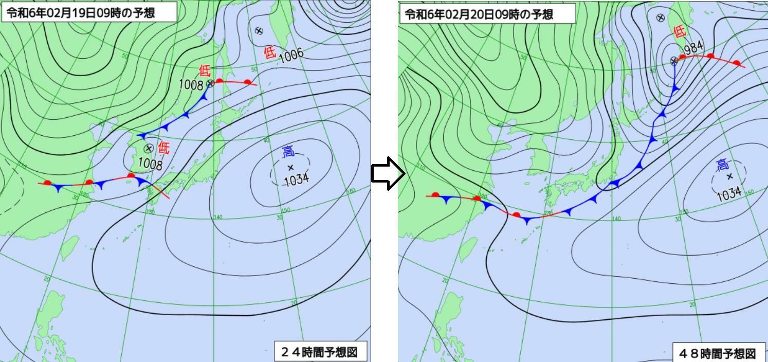 図2　予想天気図（左は2月19日9時、右は20日9時の予想）