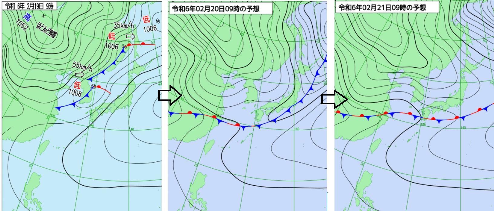 図2　地上天気図（左：2月19日9時）と予想天気図（中：20日9時の予想、右：21日9時の予想）