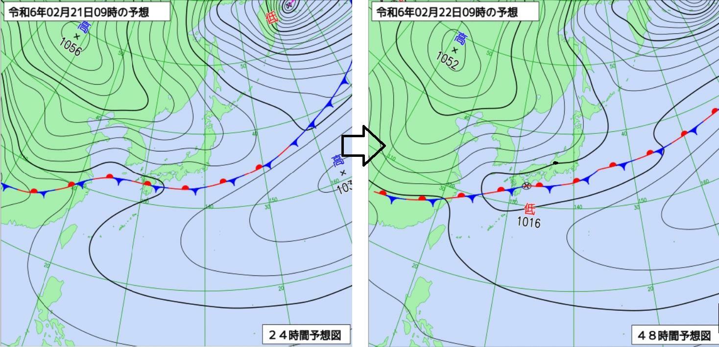 図2　予想天気図（左は2月21日9時、右は2月22日9時の予想）