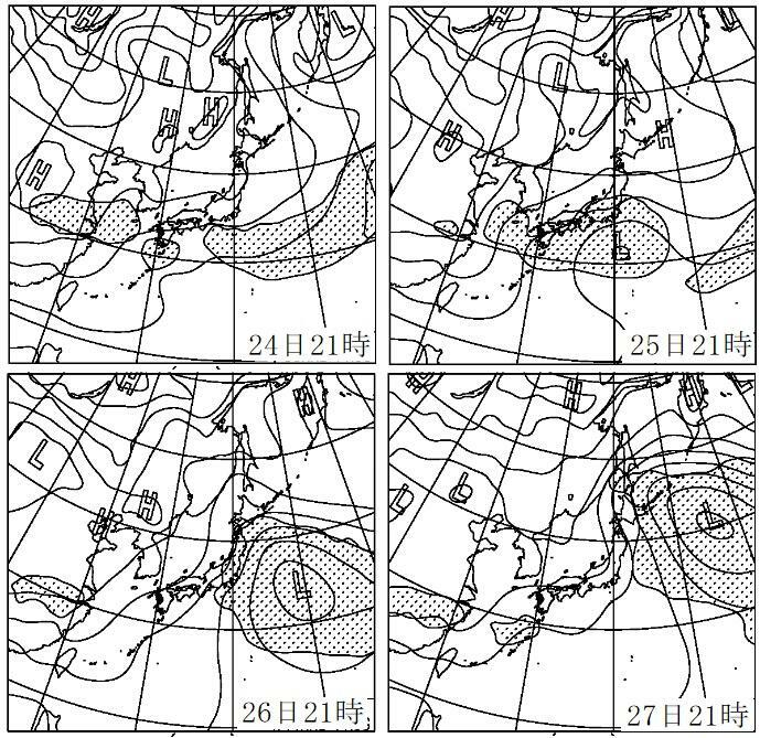 図6　予想天気図（左上は2月24日21時、右下は2月27日21時、陰影はまとまった降水域の範囲を示す）