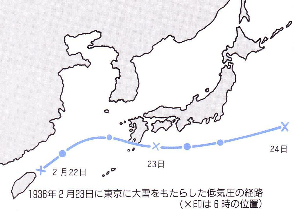 図4　昭和11年（1936年）2月に東京に記録的な大雪をもたらした低気圧の経路（バツ印は6時の位置）