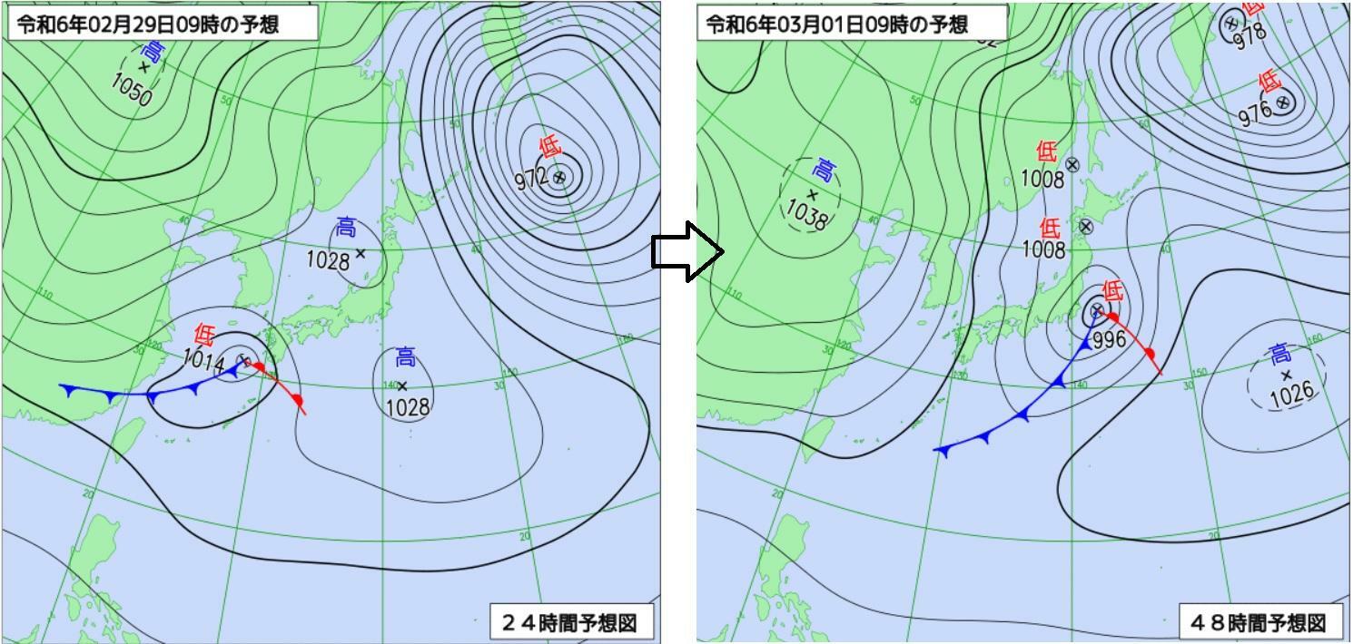 図1　予想天気図（左は2月29日9時の予想、右は3月1日9時の予想）