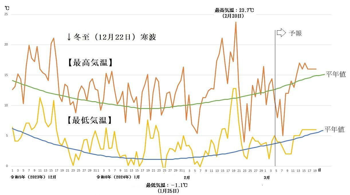 図5　東京の最高気温と最低気温の推移（3月5日～11日は気象庁の予報、3月12日～20日はウェザーマップの予報）
