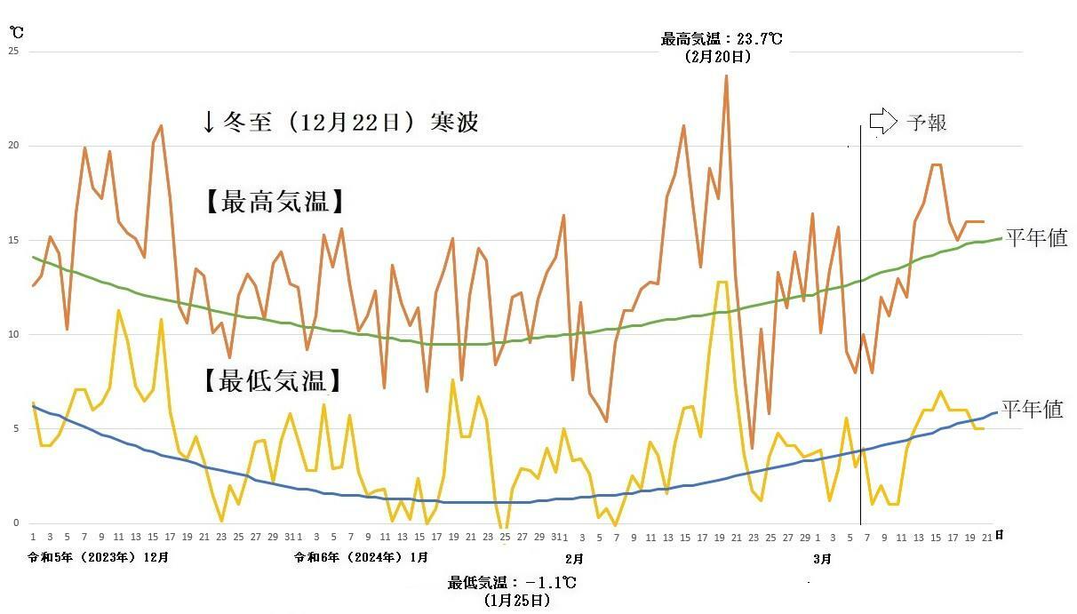 図4　東京の最高気温と最低気温の推移（3月6日～12日は気象庁の予報、3月13日～21日はウェザーマップの予報）
