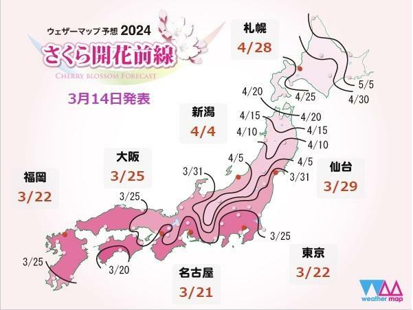 図4　さくら開花前線（3月14日にウェザーマップが発表）