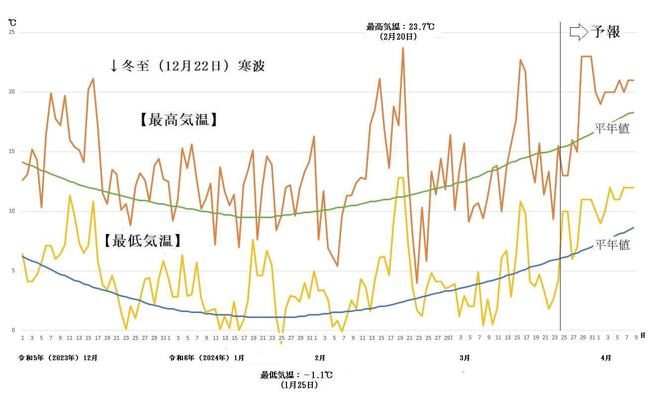 図2　東京の最高気温と最低気温の推移（3月25日～4月9日はウェザーマップの予報）