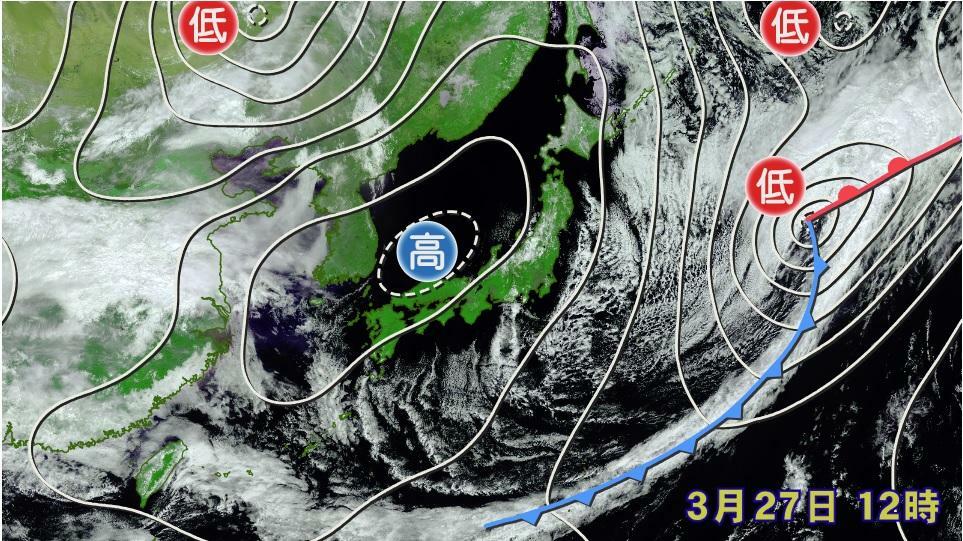 図1　大きな移動性高気圧に覆われた日本列島（3月27日12時の地上天気図と衛星画像）