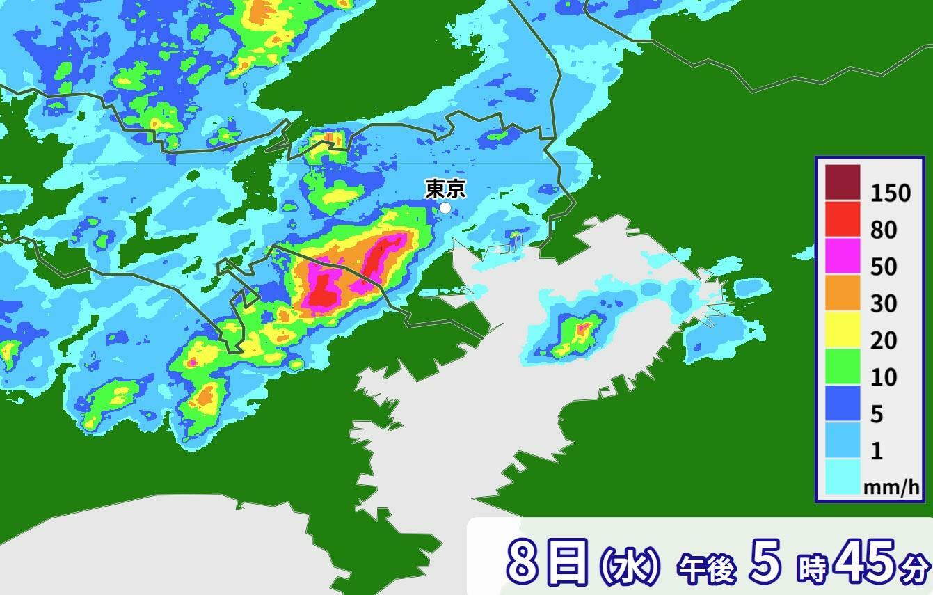 図2　雷雲による東京都～神奈川県の局地的な豪雨（5月8日17時45分）