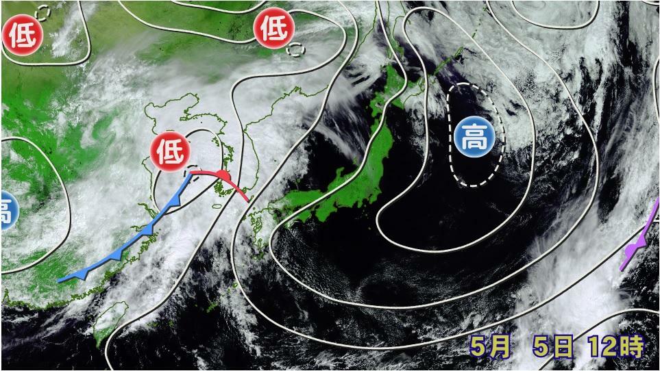 図1　晴天域が広がる日本列島と地上天気図（5月5日12時）
