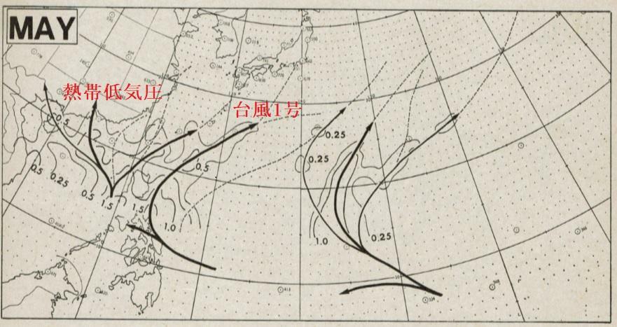図5　台風の5月の平均経路と令和6年（2024年）の台風1号と台風になりそうな熱帯低気圧の位置