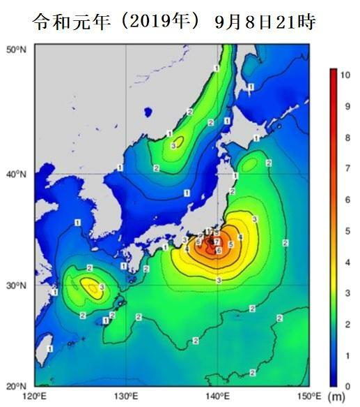 図1　波浪分布の例（令和元年房総半島台風来襲時の9月8日21時の波浪分布）