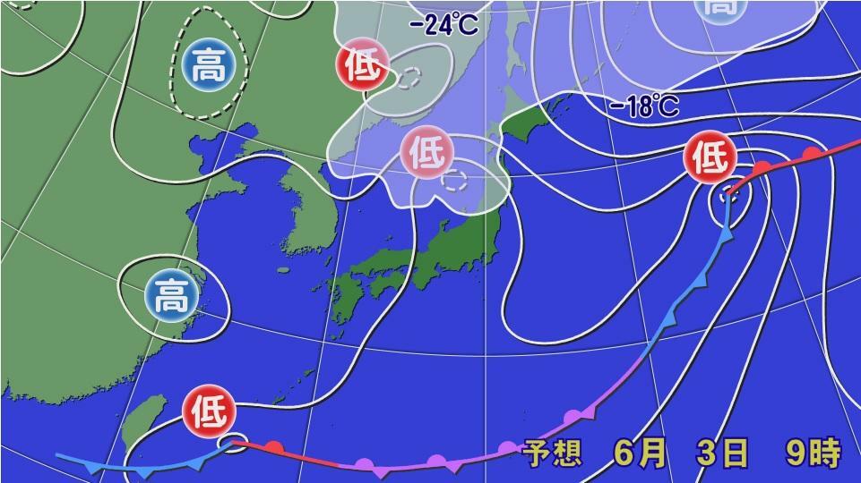 図1　上空の寒気を伴った福島県沖の地上低気圧（6月3日9時の予想）