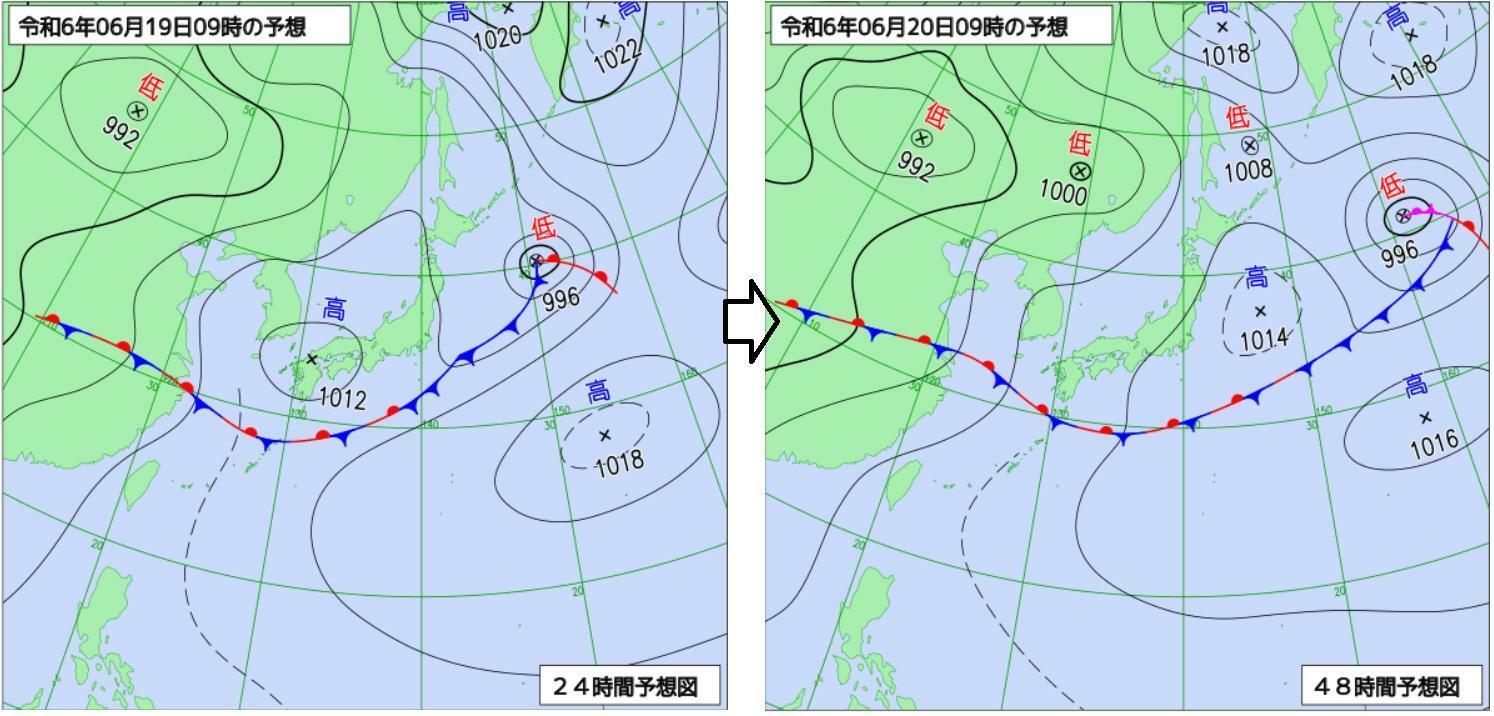 図2　予想天気図（左は6月19日9時、右は6月20日9時の予想）