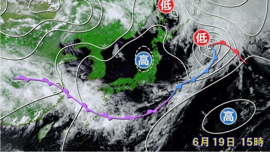 図１　全国的に雨を降らせた南岸低気圧の通過後の晴天（6月19日15時）