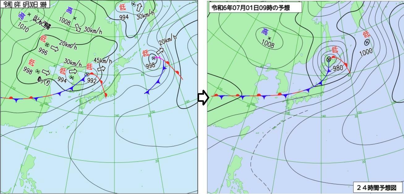 図1　地上天気図（左：6月30日9時）と予想天気図（右：7月1日9時の予想）