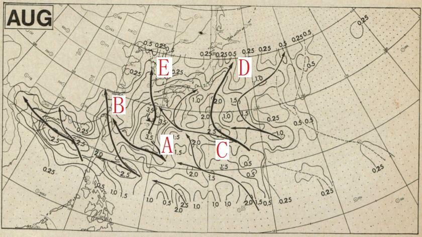 図6　台風の8月の平均経路図と熱帯低気圧の進路予想