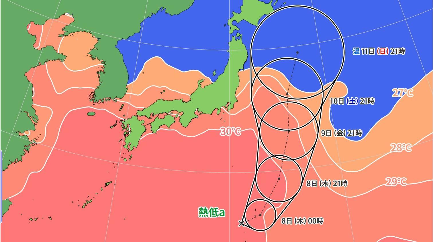 図1　台風5号に発達する可能性がある熱帯低気圧の進路予報（8月7日0時の予報）