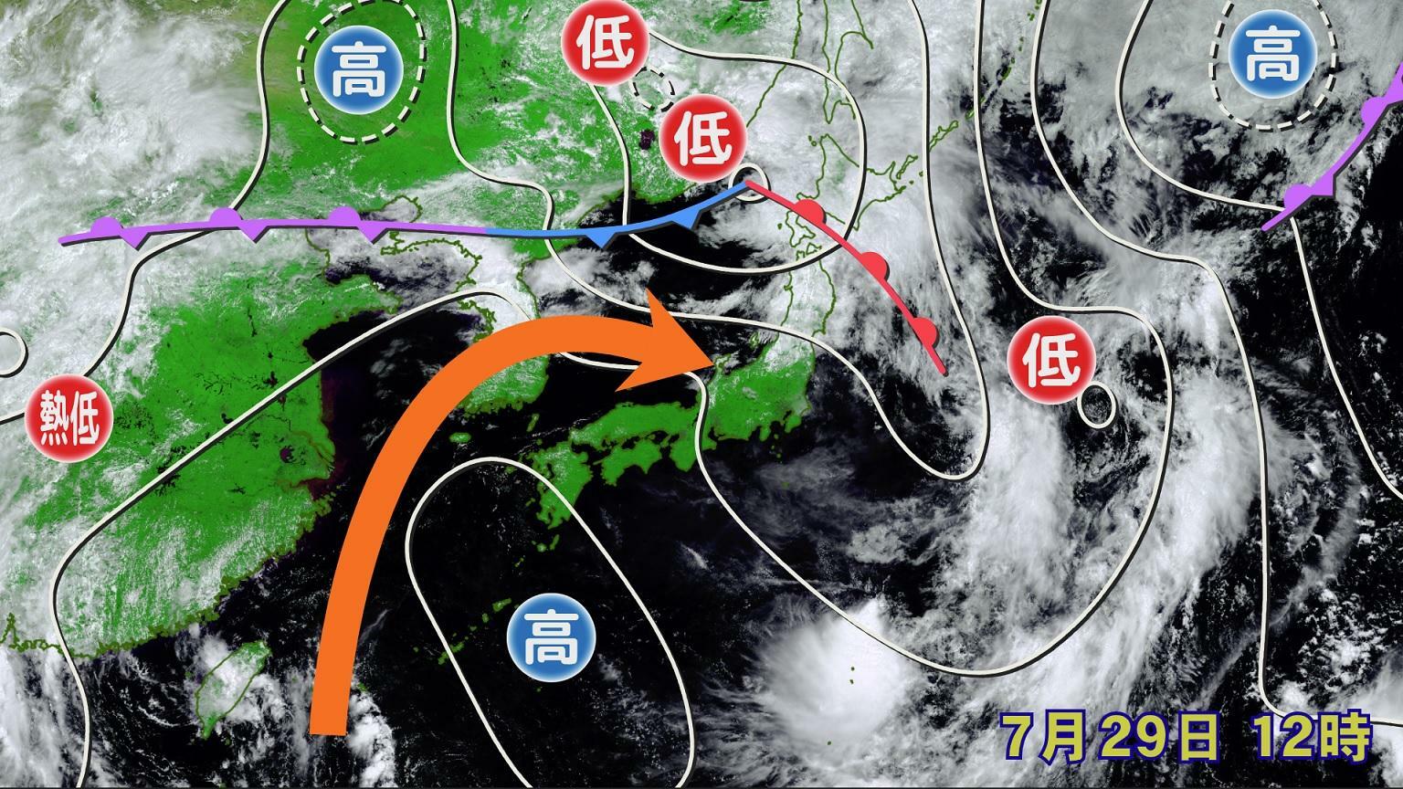 図1　栃木県・佐野で41.0度を観測したときの地上天気図と衛星画像（7月29日12時）