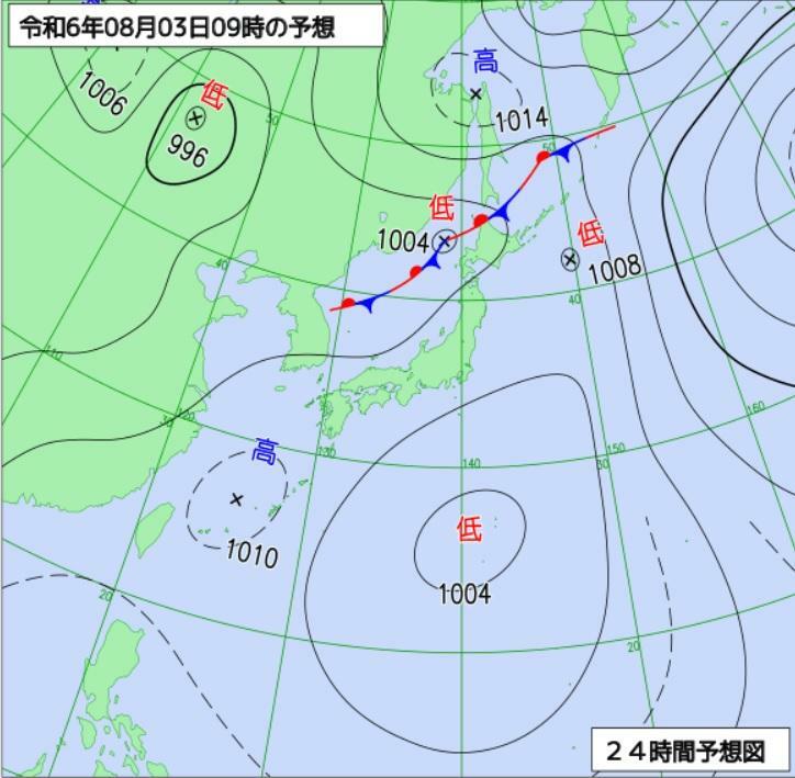 図2　予想天気図（8月3日9時の予想）