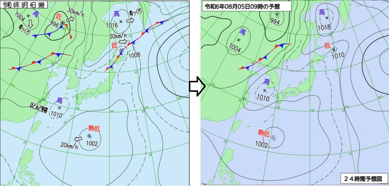 図2　地上天気図（8月4日9時）と予想天気図（8月5日9時の予想）