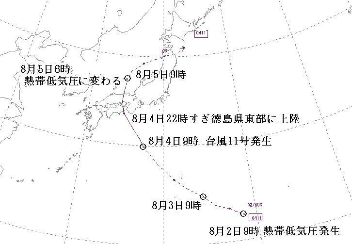 図3　平成16年（2004年）の台風11号の経路図