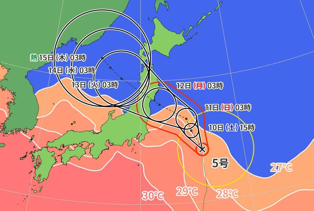 図1　台風5号の進路予報と海面水温（8月10日3時）